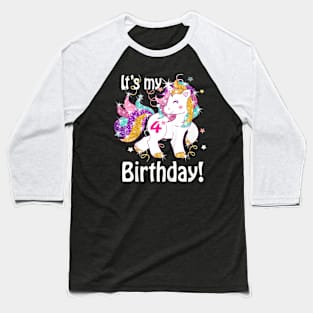 Kids Its My Birthday Girl Unicorn 4Th Baseball T-Shirt